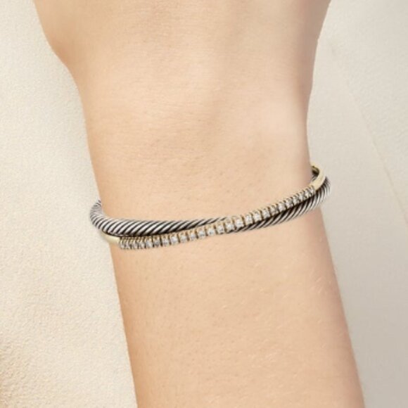 DAVID YURMAN TWO-TONE DIAMOND 1.25 CTW CROSSOVER ROW CUFF BRACELET - Picture 7 of 7